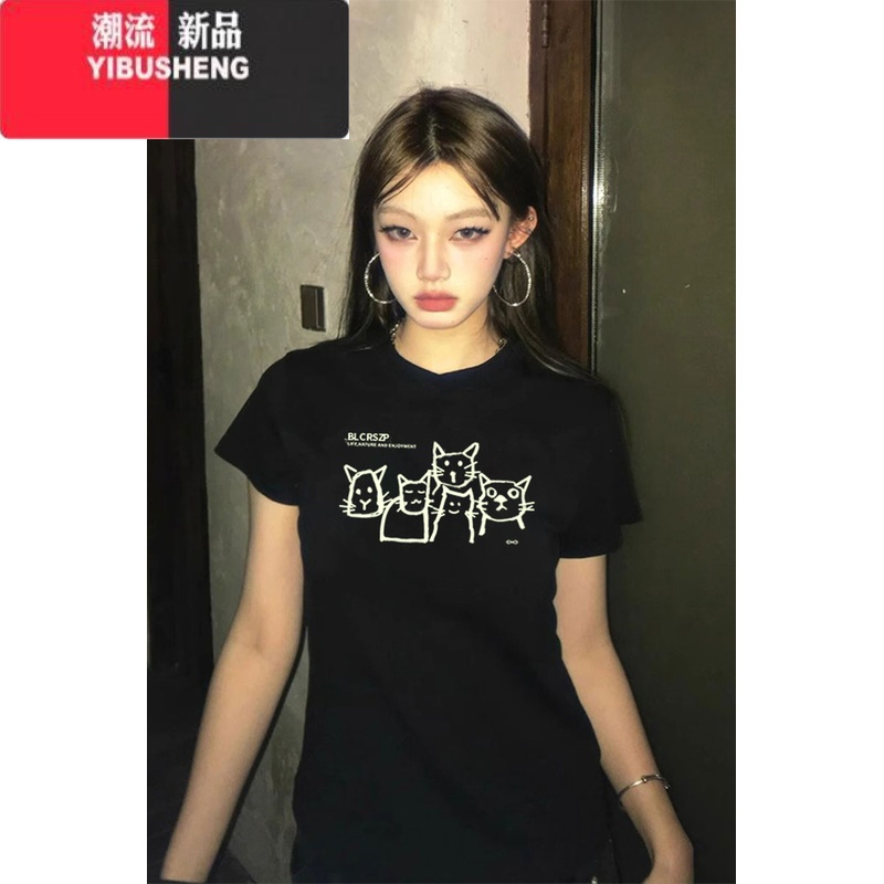 YIBUSHENG美式黑色正肩短袖t恤女季涂鸦小狗设计感小众修身辣妹短款上季高清大图