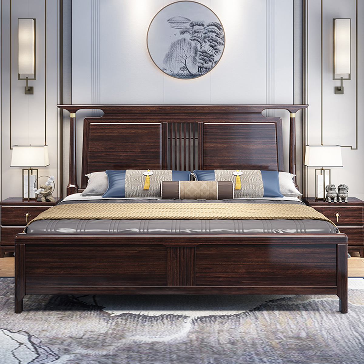 木格尚品 紫金丝檀木实木床主卧室新中式红木家具1.8米结婚大床小户型