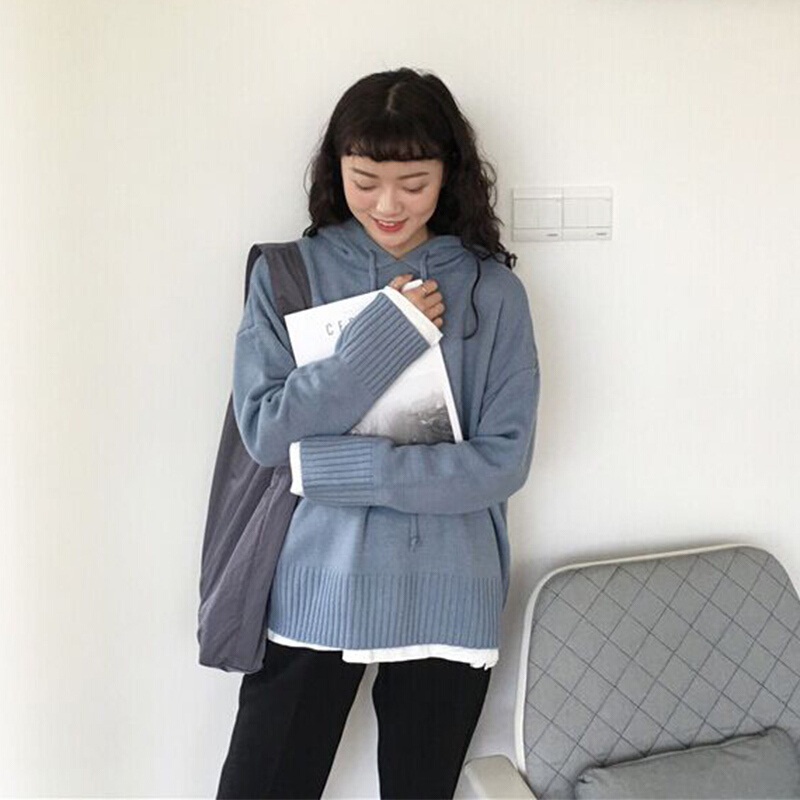 毛衣外套女2018秋装韩版百搭复古宽松显瘦长袖连帽针织衫上衣 卡其色 均码