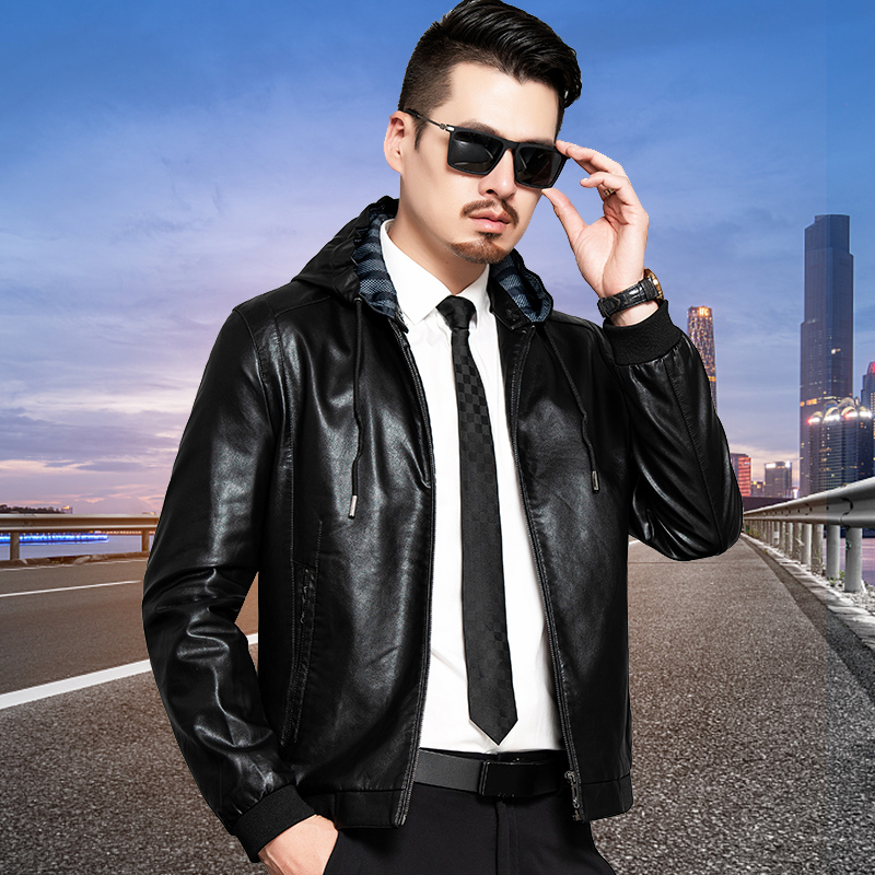 2023秋冬皮衣外套男生潮流帅气韩版宽松休闲港风青少年上衣皮夹克新款秋冬季连帽皮衣男韩版修身夹克帅气真皮男装潮流外套高清大图