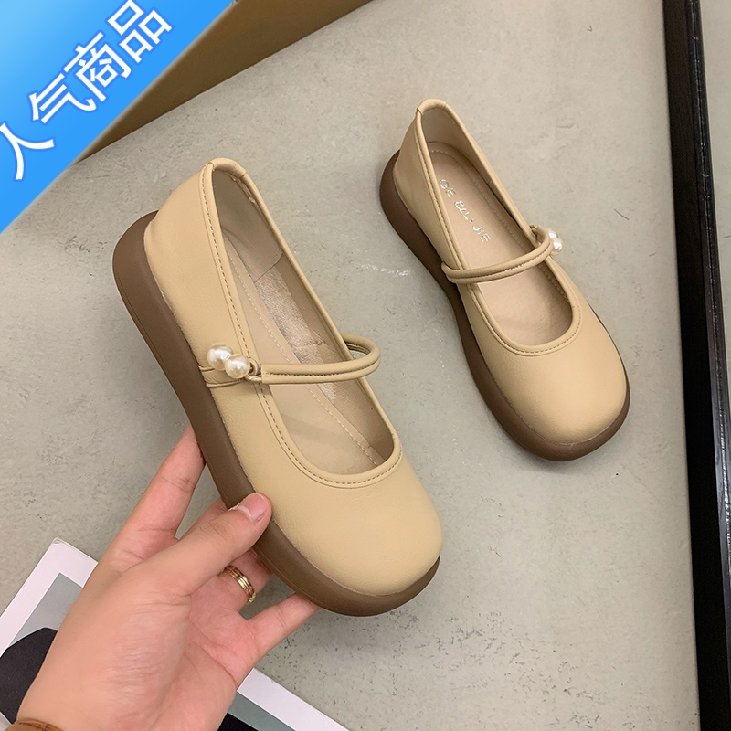 suntek平底单鞋女配裙子玛丽珍女鞋2023新款夏季小皮鞋浅口一脚蹬乐福