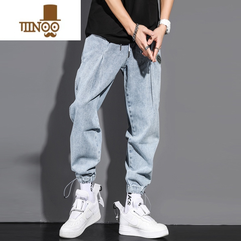 YANXU夏季薄款牛仔裤男士直筒宽松潮牌阔腿休闲哈伦浅色工装束脚长裤子高清大图