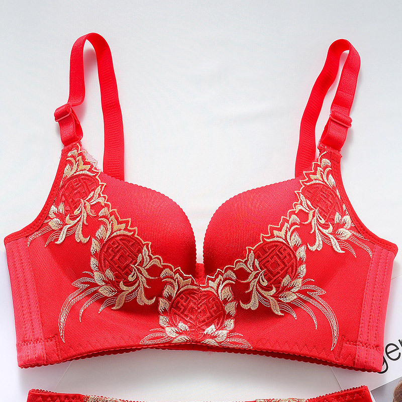 大红色内衣本命年女无钢圈聚拢文胸视频