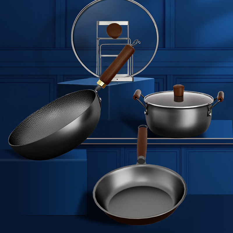 温仑山锅具三件套耐磨反腐不易生锈窒化炒锅三件套VE1204高清大图