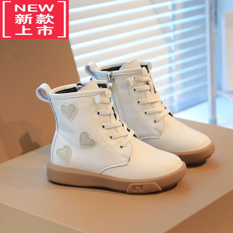 可莉允女童马丁靴爱心亮片儿童短靴加绒棉靴2022冬新款保暖雪地棉