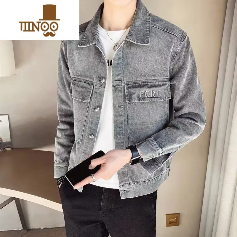 YANXU牛仔外套男士夹克2023新款韩版潮流复古潮牌短款牛仔服褂子高清大图