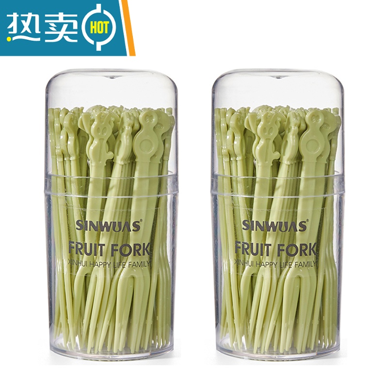 敬平50支盒装水果签塑料两齿吃水果蛋糕甜品叉点心小叉子 [2盒装]水果叉盒装绿色100支高清大图
