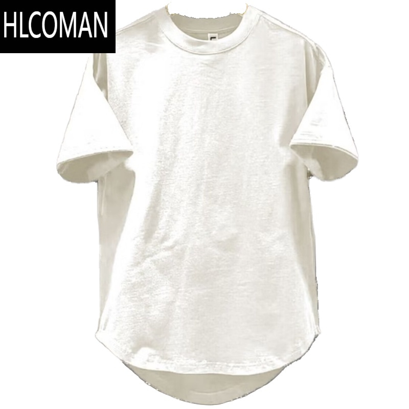 HLCOMAN白色短袖t恤男士夏季潮流弧形下摆休闲纯色净板圆领打底半袖