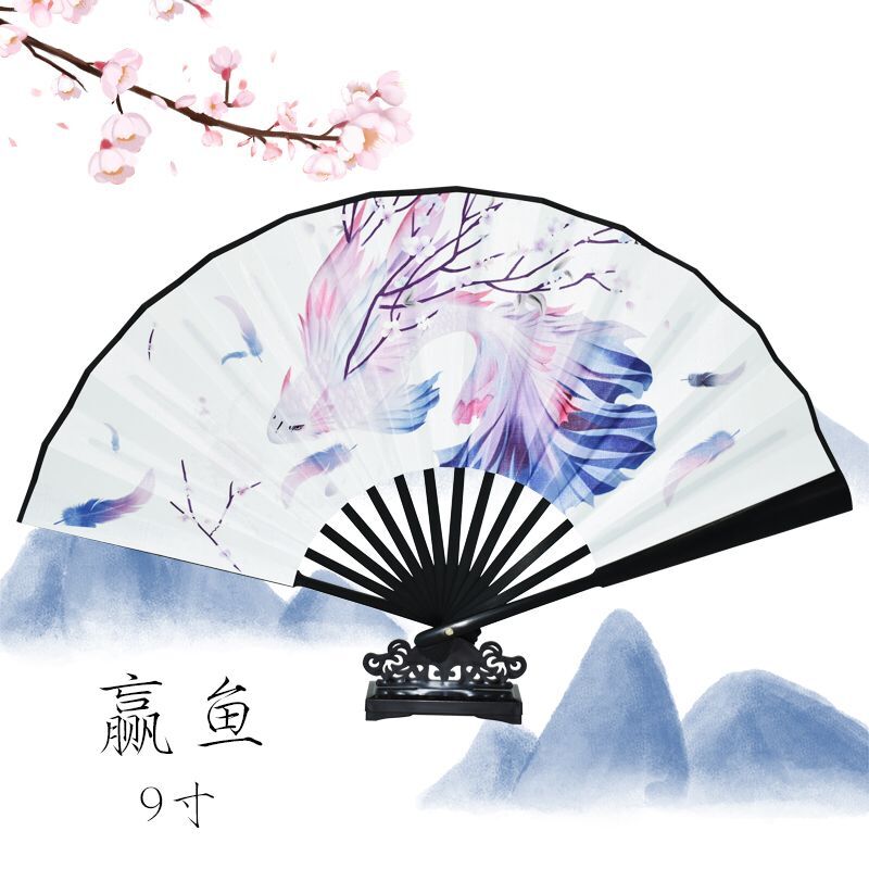 扇子女古风折扇九尾狐搭配汉服定制古典中国风彼岸花网红流苏折扇 三维工匠 赢鱼+流苏(绿)+送布袋高清大图