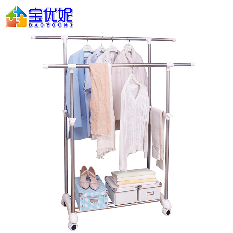 宝优妮 晾衣架落地双杆式不锈钢室内衣架伸缩晾衣服架简易晒衣架家用移动挂衣架 新款加长款象牙色高清大图