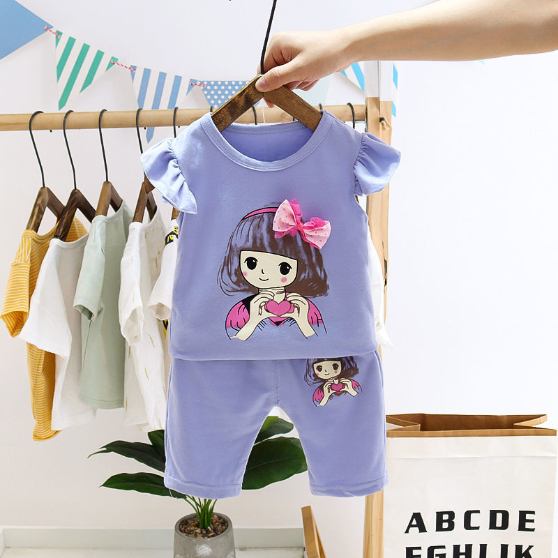 女宝宝夏装新款韩版女童两件套小童衣服短袖套装1-3-4岁2洋气童装 短袖小女孩-蓝色 80 6-12个月