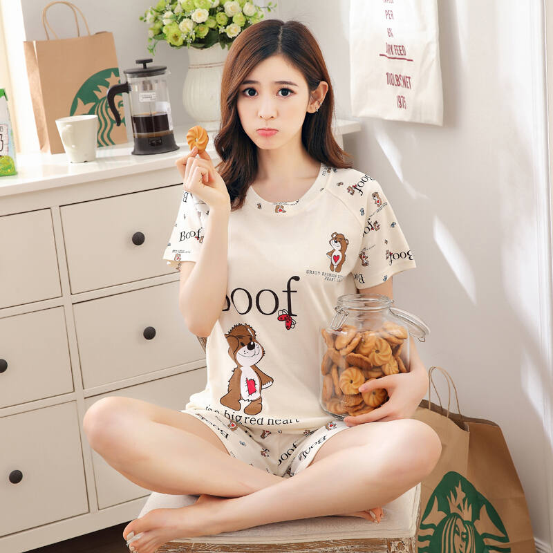 休闲棉睡衣女夏清新学生短袖少女两件套装棉加大码夏季家居服