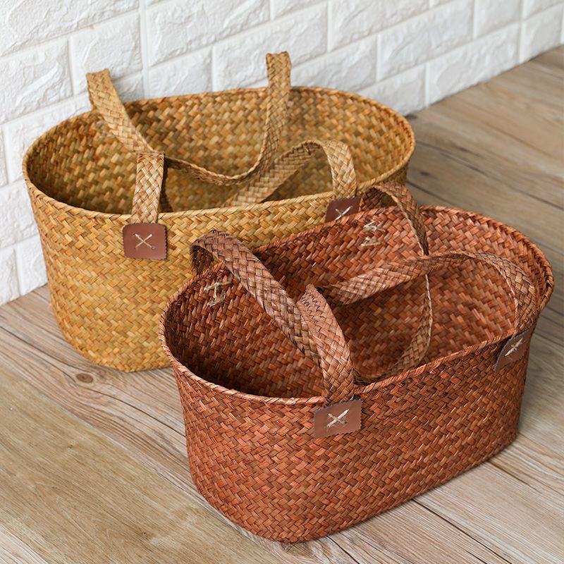 点草编椭圆提篮日式编织菜篮收纳筐文艺野餐篮购物篮脏衣篮橙色花纹款