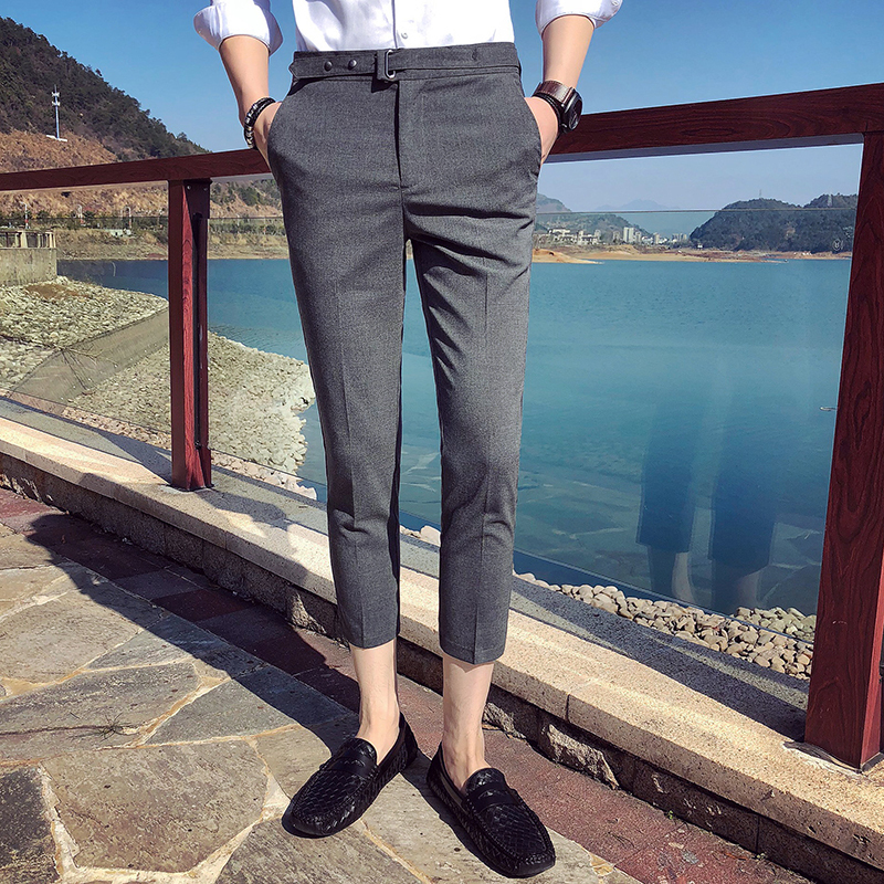 春夏年轻腰部装饰九分裤男装修身帅气英伦小脚裤青年休闲9分西裤