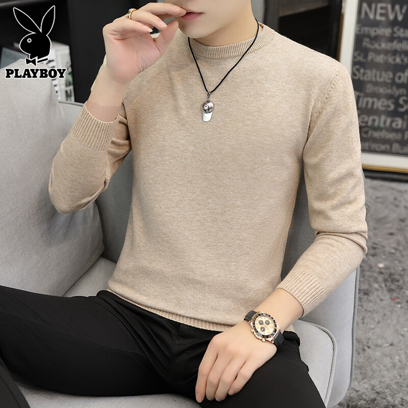 花花公子圆领毛衣男士秋季新款潮流打底针织衫潮流黑色宽松线衣毛高清大图