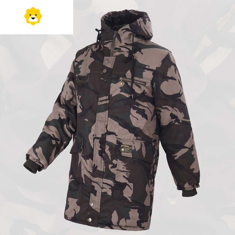 fish basket军大衣男季加厚加绒长款迷彩劳p棉袄黄p安冷库防寒服棉衣