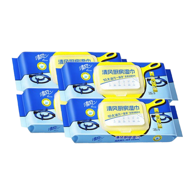 清风厨房湿巾去油去污留香1层*25片*4包*1箱BWB25KE
