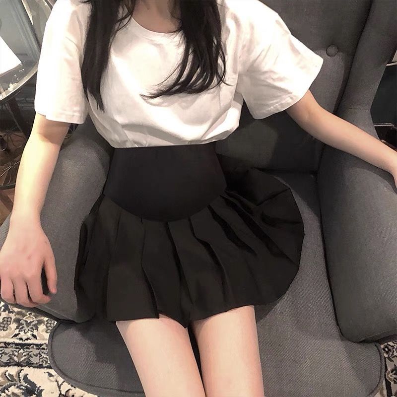 孕妇短裙春夏秋冬百褶裙时尚潮妈半身裙A字裙宽松显瘦托腹裙短裙 黑色西装面料(带安全裤) L(115-130斤内)