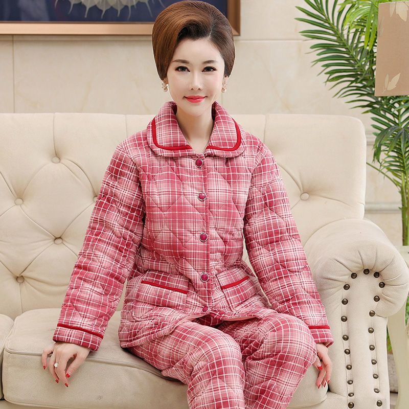 睡衣女冬季三层加厚加棉秋冬中老年妈妈夹棉保暖可外穿家居服套装