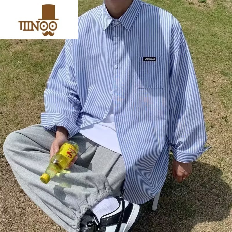 YANXU日系条纹长袖衬衫男士秋季港风宽松胖子加肥加大码感衬衣外套高清大图