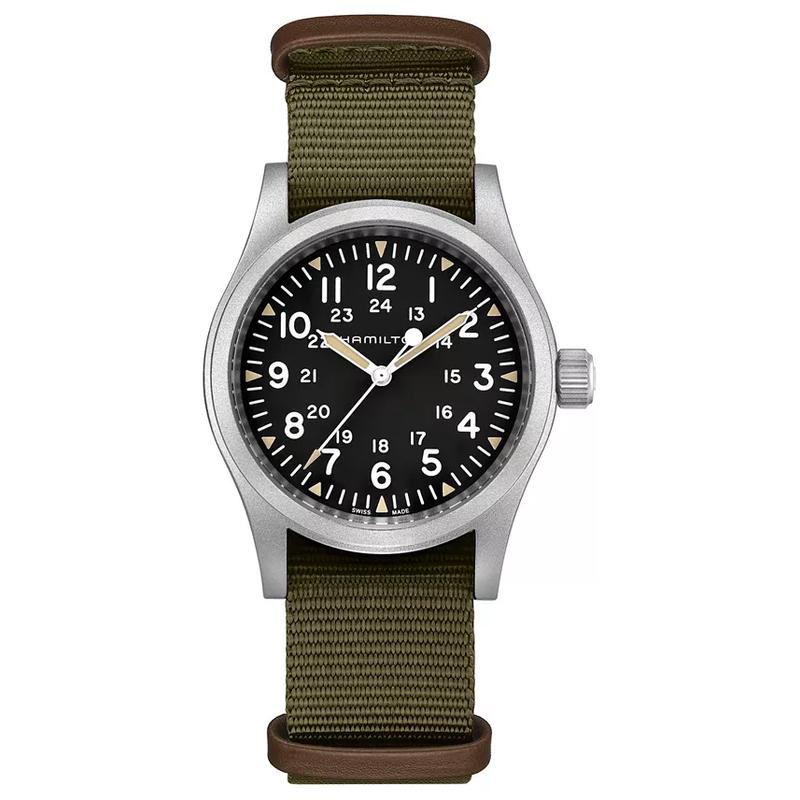 汉米尔顿(Hamilton)瑞士机械表男款卡其绿NATO表带38mm简约耐用防水防震户外手表高清大图