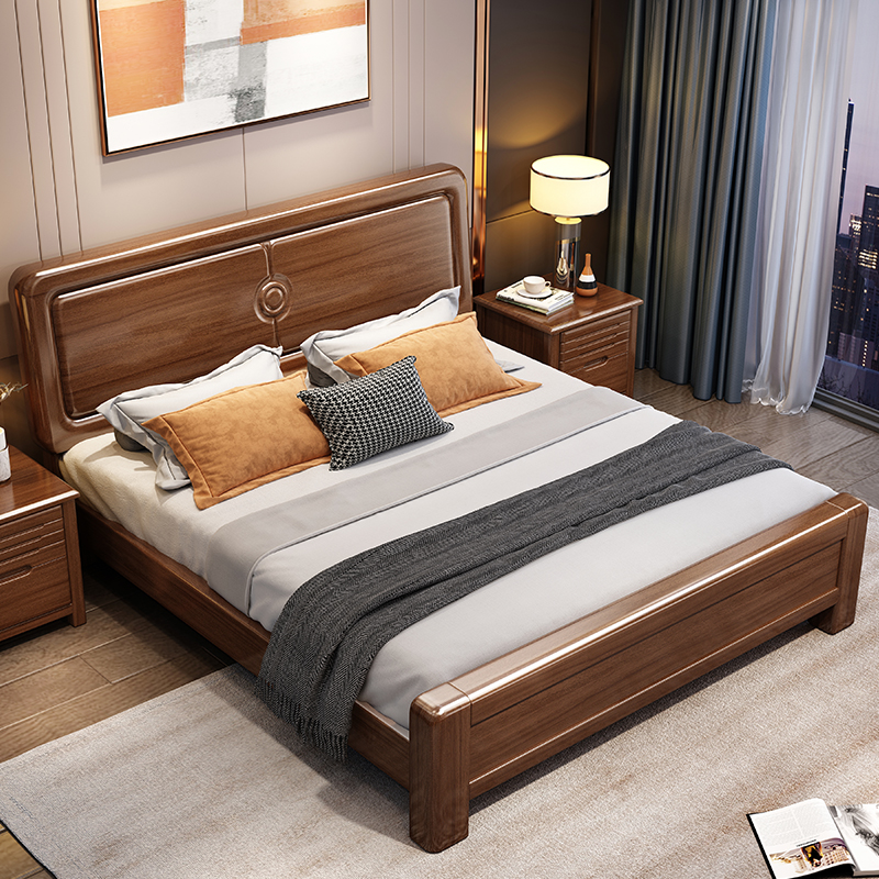 欧梵森 中式床实木床双人床1.8米床1.5m床现代简约卧室主卧大床轻奢气压储物高箱现代婚床实木家具床胡桃木床高清大图