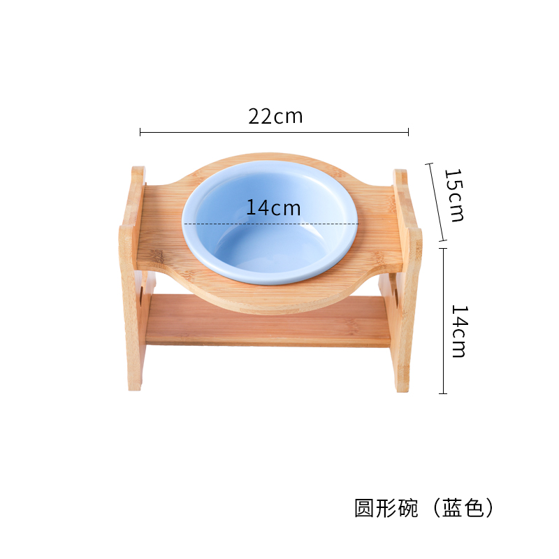 猫碗宠物用品碗陶瓷双碗食盆防打翻木架护颈吃饭喝水斜口碗猫咪碗 单圆碗+木架+纯蓝色 高度调节大小通用