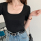 秋壳不规则设计感T恤女短袖夏季学生露锁骨短款方领上衣2022新款