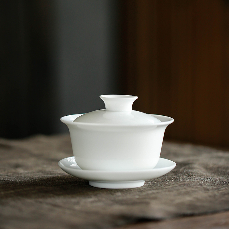 苏氏陶瓷(SUSHI CERAMICS) 功夫茶具套装简约白瓷茶杯带竹面储水式茶盘套组