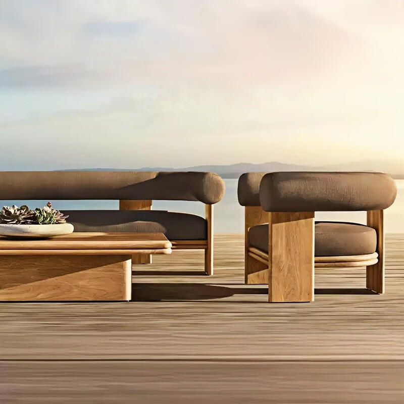 户外沙发柚木铝合金防晒实木防水防晒家具 无扶手双人+ 单人*2+茶几[铝合金]香槟色高清大图