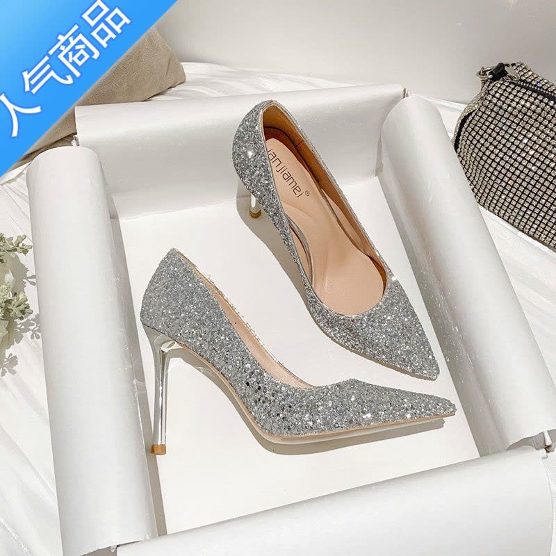 SUNTEK2023年新款秀禾主婚纱单鞋新娘水晶配晚礼服细跟婚鞋尖头高跟鞋女图片