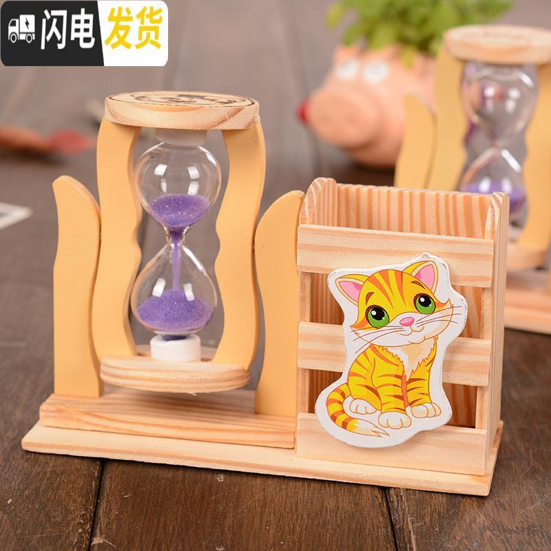 三维工匠卡通可爱贴画旋转沙漏计时器创意生日摆件木质学生书桌面笔筒 单个沙漏+笔筒/款式随机高清大图