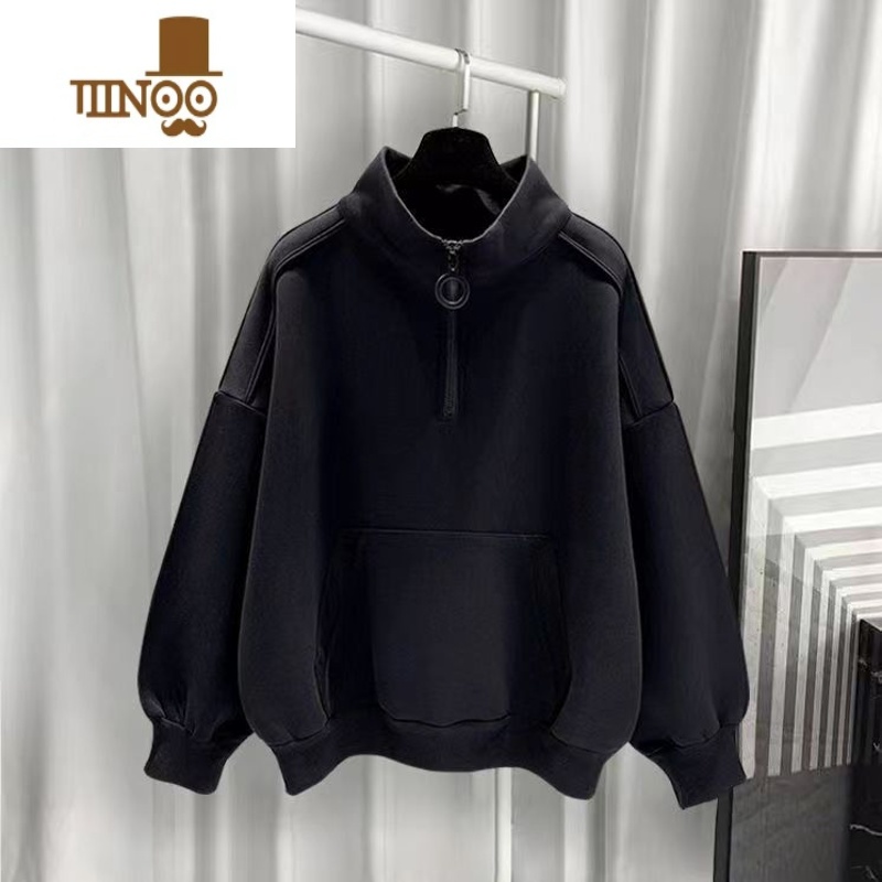 YANXU港风半高领卫衣男加绒潮流百搭宽松拉链纯色男生衣服长袖2023新款高清大图