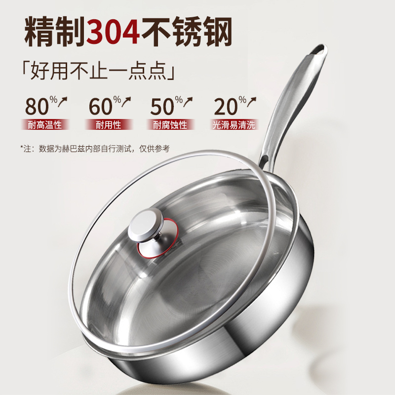 赫巴兹304不锈钢无涂层平底锅三层加厚不挑炉灶一锅多用煎锅高清大图
