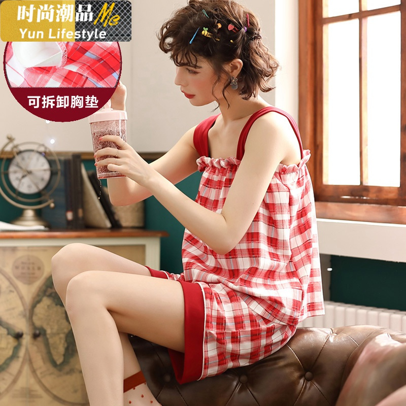yunwuxin带胸垫睡衣女夏吊带少女棉短裤两件套装夏季薄款性感夏天家居
