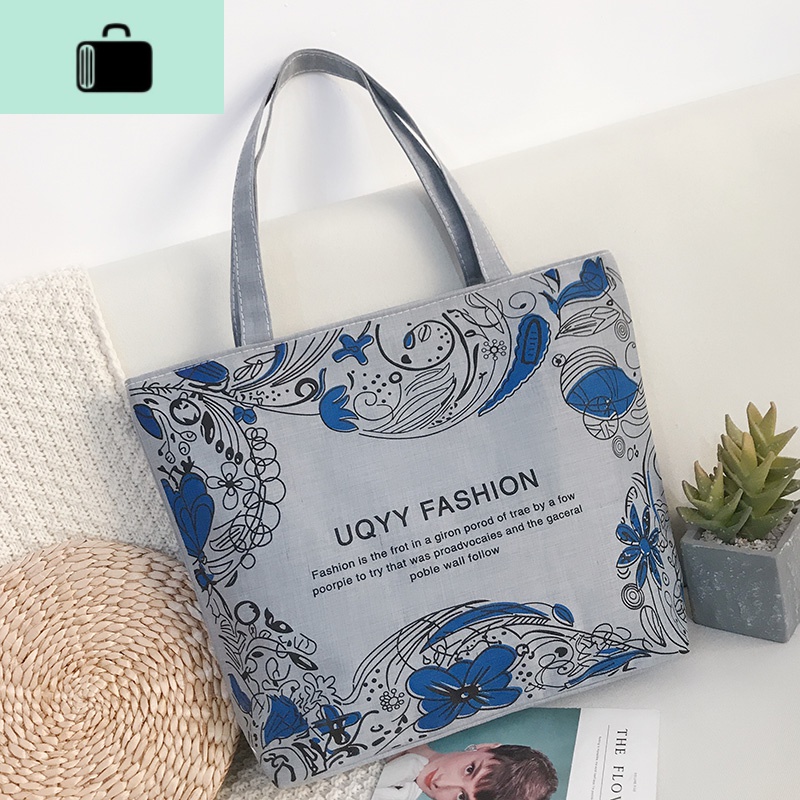 韩版女单肩帆布包手提大容量ins简约百搭学生文艺小清新购物袋子NEWLAKE 蓝花边