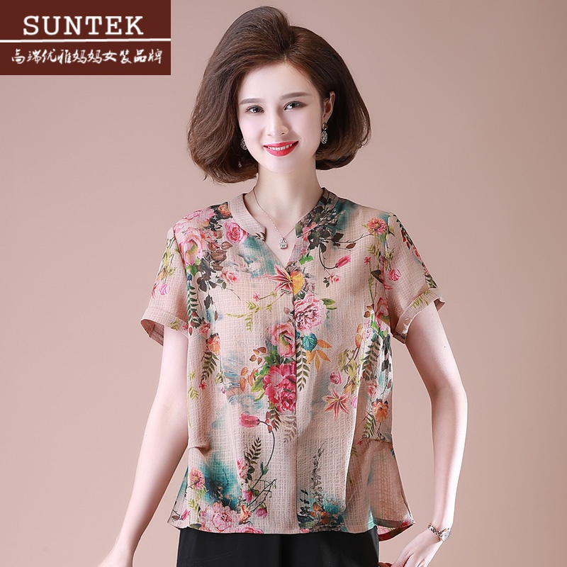suntek妈妈夏装洋气t恤夏大码冰丝短袖休闲夏天上衣时尚新款中老年