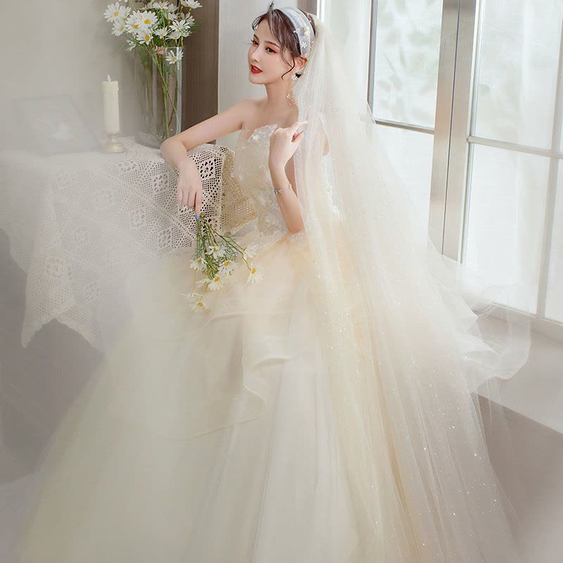 主婚纱2021新款成人礼网红新娘结婚齐地抹胸蓬蓬裙显瘦简约轻婚纱图片