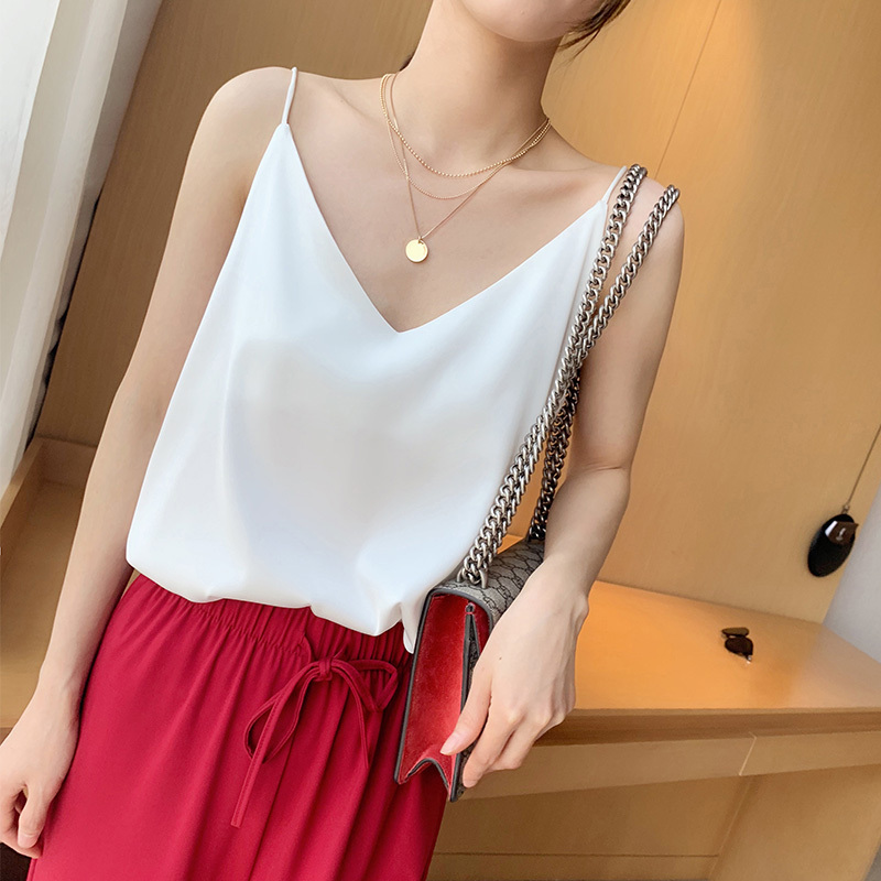 艳如飞吊带背心女无袖上衣宽松内搭打底性感缎面外搭配西装外穿夏季