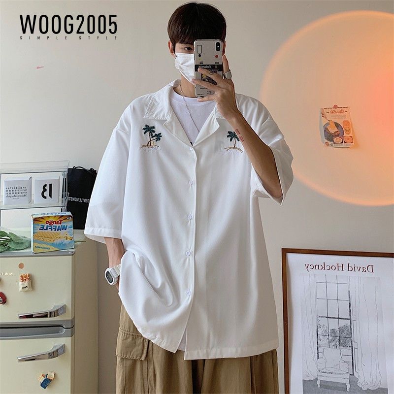 WOOG2005夏冰丝薄款短袖衬衫男士宽松高级垂感休闲五分半袖衬寸衣