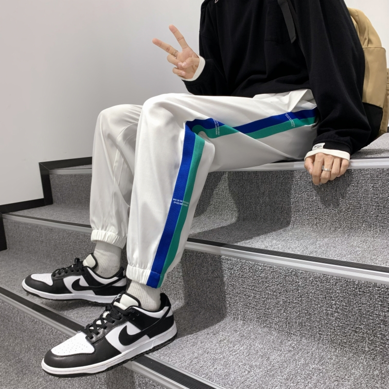 蓝缕金(LANLVJIN)男士休闲裤春秋季2021新品松紧系带束脚裤青少年拼色印花宽松运动裤韩版休闲学生男裤子