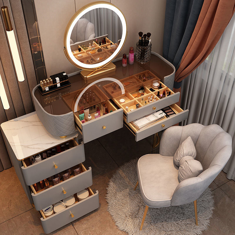 网红化妆桌轻奢梳妆台现代简约化妆台卧室小户网红化妆桌收纳玻璃