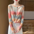 丝光25春夏季女短款圆领宽松拼色晕染薄上衣印花针织防晒开衫 L M14-7晕染