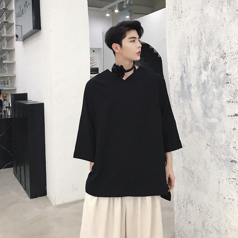 型师夏季青年服装男士青年个性暗黑前后小V领设计款宽松国潮T恤