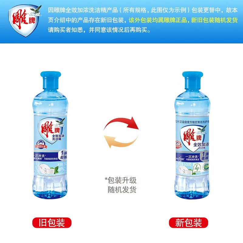 雕牌(DIAOPAI) 洗洁精全效加浓洗洁精瓶装厨房洗碗洗盘子实际无毒去油污洗果蔬 500g 单位:瓶