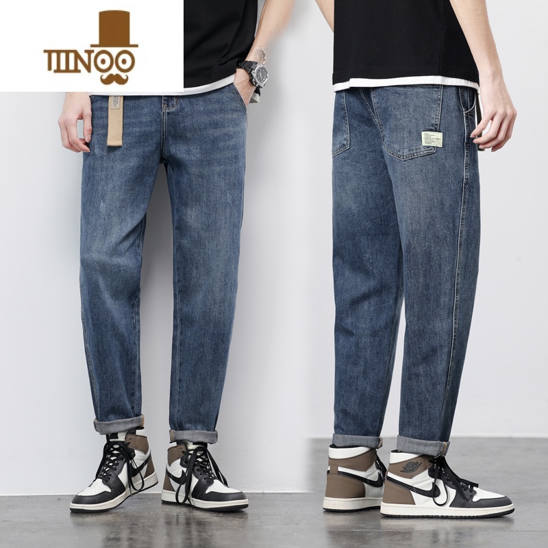 YANXU美式高街裤子男士浅色牛仔裤男夏季薄款直筒宽松潮牌九分休闲小脚 深蓝不含皮带 31L