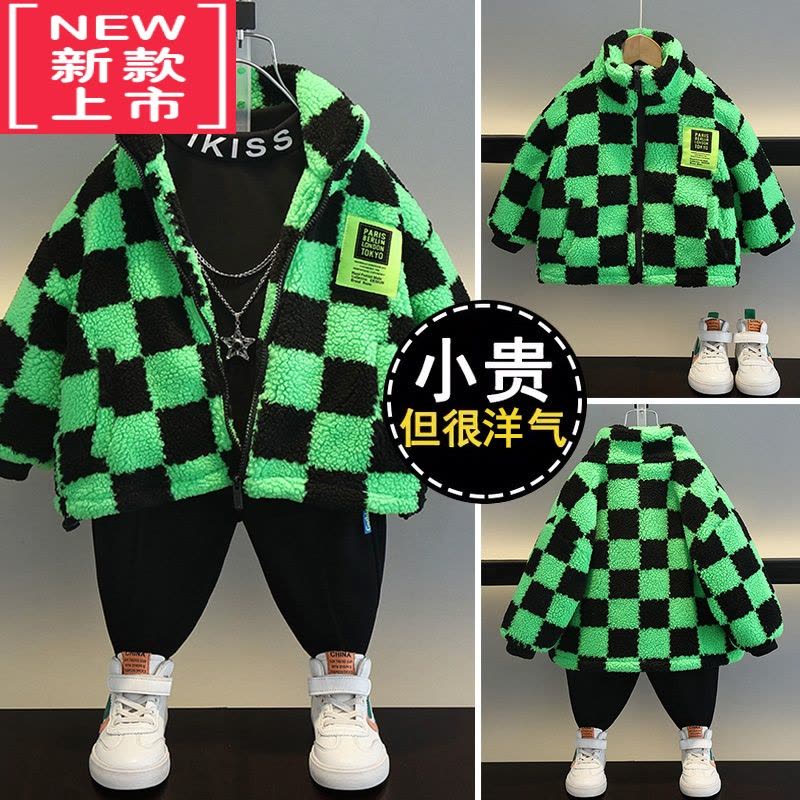 可莉允童装男童秋冬加绒外套22新款洋气宝宝冬装儿童加厚保暖羊羔毛棉服图片