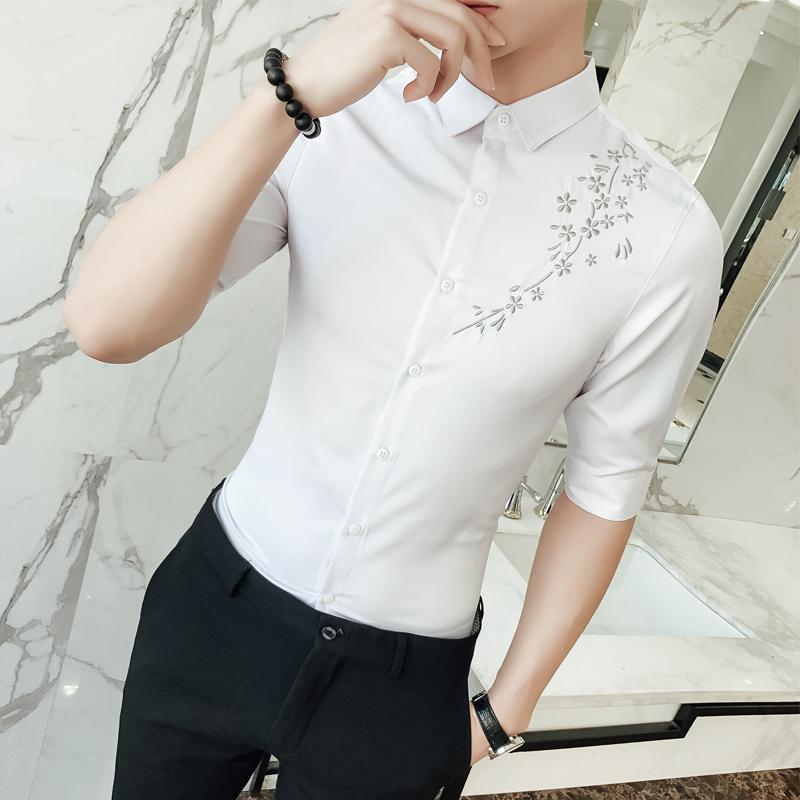 2018夏款刺绣男士短袖衬衫个性休闲七分袖衬衣韩版修身潮半袖寸衫