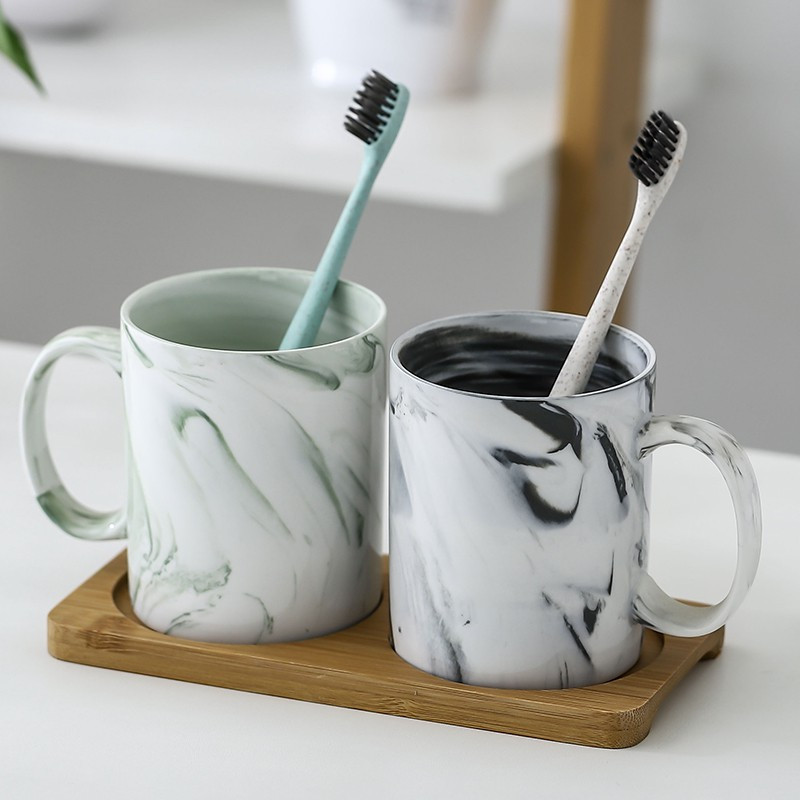 创意大理石纹陶瓷漱口杯刷牙杯子洗漱杯牙杯情侣牙刷杯浴室 三维工匠 绿色大理石单杯