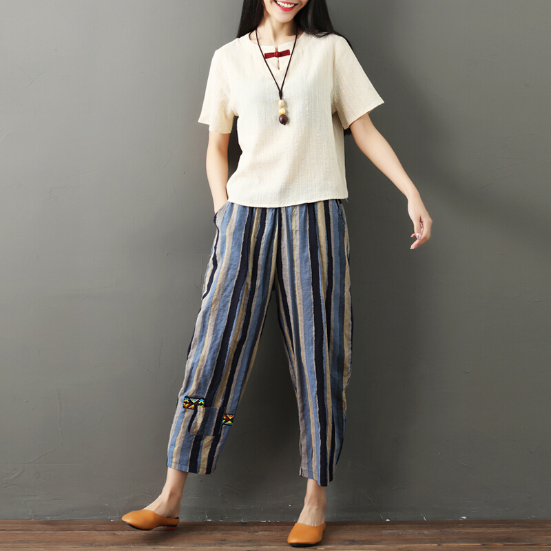棉麻休闲套装女夏季2018新款大码宽松上衣亚麻阔腿裤文艺两件套潮